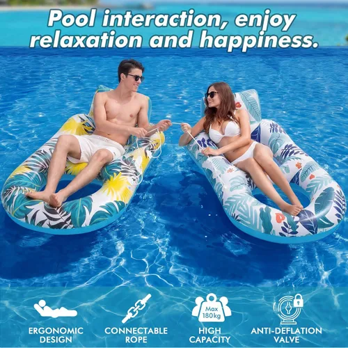 Miniatura 7 de Paquete de 2 flotadores inflables de alta resistencia para piscina, flotadores gigantes de piscina tamaño adulto con respaldo y reposapiés, balsas