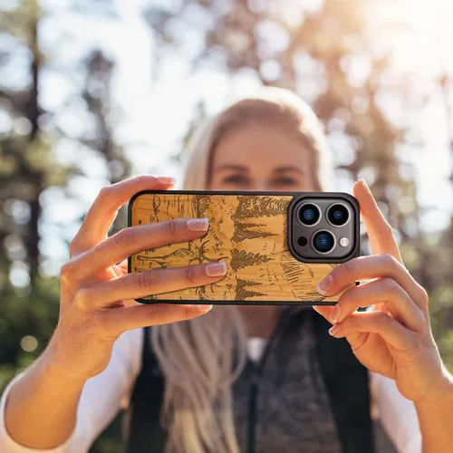 Miniatura 6 de Carveit Funda magnética de madera para iPhone 14 Pro, madera natural y TPU suave negro, funda protectora a prueba de golpes, funda de madera única