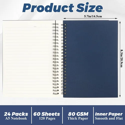 Miniatura 2 de MIVIDE Paquete de 24 cuadernos en espiral A5, 8.3 x 5.7 pulgadas, 6 colores, 120 páginas/60 hojas de tapa dura con espiral, cuaderno de papel