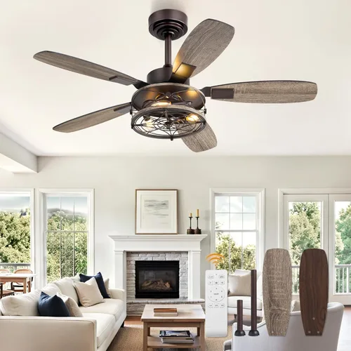 Miniatura 14 de Fanbulous - Ventilador de techo de granja con luz y control remoto, ventiladores de techo industriales enjaulados con motor reversible de 6 Negro