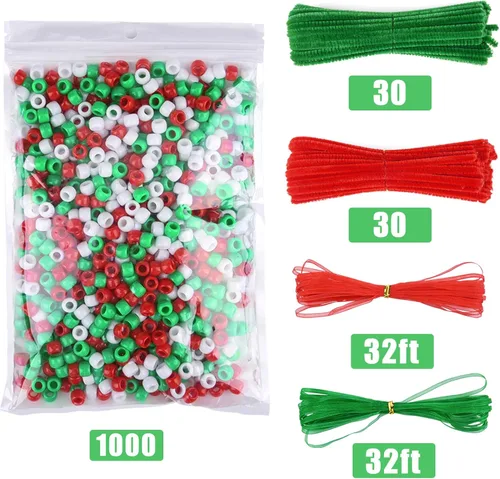 Miniatura 2 de Livder Kit de adornos de cuentas de Navidad, incluye 1000 cuentas de plástico rojo, verde y blanco, 60 tallos de chenilla, cinta de 64 pies