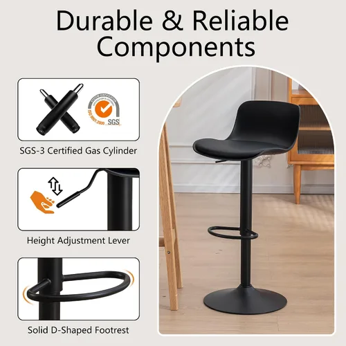 Miniatura 7 de YOUTASTE Juego de 2 taburetes de bar totalmente negros, taburetes de bar giratorios ajustables con respaldo, asientos de silla de bar acolchados