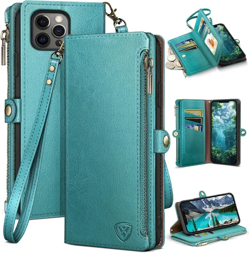 Miniatura 12 de XcaseBar Funda tipo cartera compatible con iPhone 13 Pro de 6.1 pulgadas con cremallera y tarjetero de crédito con bloqueo RFID, funda de piel