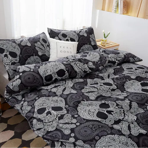 Miniatura 3 de LAMEJOR Juego de funda de edredón tamaño individual, decoración de Halloween, esqueleto de calavera negra, estampado floral, lujoso, suave, funda