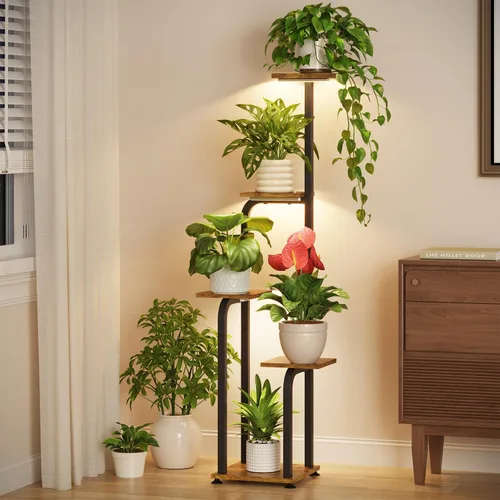 Miniatura 14 de LASZOLA Soporte para plantas de 5 niveles alto de madera y metal para interiores para macetas de servicio pesado, estante vertical grande