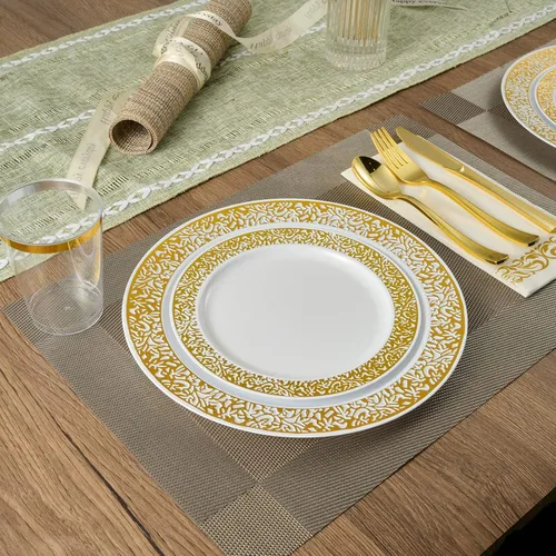 Miniatura 6 de FOCUSLINE Juego de 102 platos de plástico dorados desechables con encaje dorado, 51 platos llanos de 10.25 pulgadas y 51 platos de ensalada