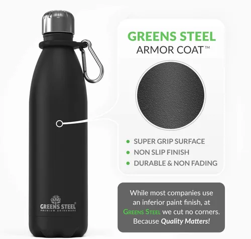 Miniatura 4 de Greens Steel Botella de agua de acero inoxidable, 17 onzas, color negro, doble pared aislada al vacío con tapa de rosca y a prueba de fugas, termo