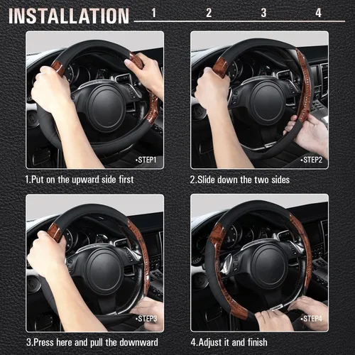 Miniatura 3 de CAR PASS Funda para volante deportiva de cuero de microfibra con veta de madera de 14.5-15 pulgadas, universal, se adapta al 95% de camiones, SUV