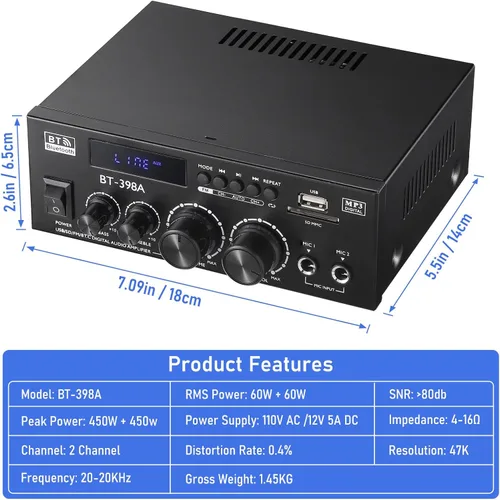 Miniatura 7 de Facmogu BT-398A Amplificador de audio digital estéreo, sistema amplificador de potencia de sonido HiFi Max 450Wx2, amplificador receptor de 2.0
