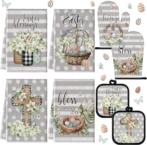 Miniatura 10 de VitalCozy Juego de 8 toallas de cocina de Pascua, guantes de horno y soporte para ollas, toallas de cocina florales de Pascua, toalla de cocina