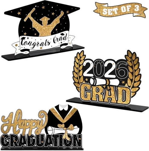 Miniatura 10 de LINGTEER Decoraciones de fiesta de graduación de clase 2026 – 3 piezas de felicitaciones de graduación 2026 de acrílico para centros de mesa de Azul