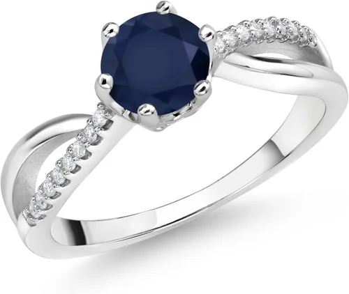Gem Stone King Anillo de compromiso de plata de ley 925 con zafiro redondo y moissanita blanca para mujer (1.18 quilates, piedra natal de piedras
