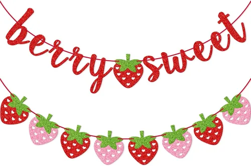 Miniatura 10 de Banner dulce de fresa y bayas, decoraciones de fiesta de fresa Suministros de fiesta temática de bayas de verano con purpurina dorada para baby