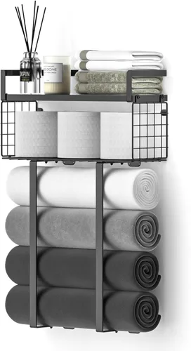 Xstydes Toalleros para baño, toallero de metal con cesta de almacenamiento, toallero de pared para toallas enrolladas, almacenamiento de toallas
