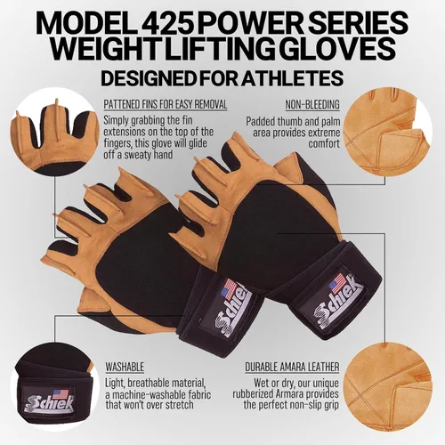 Miniatura 4 de Guantes de levantamiento de peso Schiek Sports Modelo 425 Serie Power - Guantes de cuero para gimnasio con palmas acolchadas