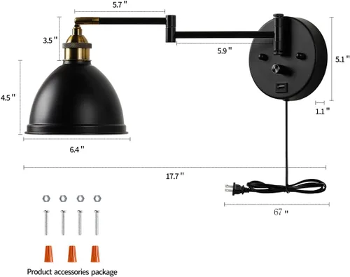 Miniatura 5 de Apliques de pared con brazo oscilante, lámpara de pared enchufable, lámpara de pared para dormitorio, pantalla de tela blanca, con interruptor
