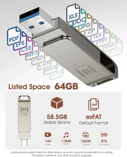 Miniatura 7 de MOSDART ExFAT - Memoria USB C 3.2 de 64 GB de velocidad rápida C y A, memoria USB C 3.2 con bucle para llavero, para iPhone 15, 16, 17, teléfono