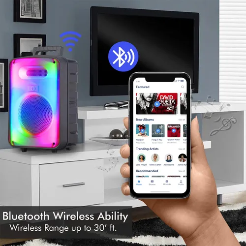 Miniatura 4 de Technical Pro Altavoz Bluetooth bidireccional recargable de 600 vatios de 8 pulgadas con pared LED brillante, radio FM, USB, sonido estéreo TWS