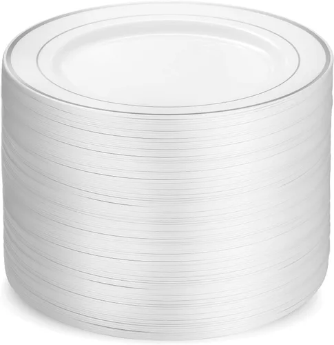 Munfix Juego de 100 platos llanos de plástico plateado, 10.25 pulgadas, desechables, resistentes, elegantes, para bodas, fiestas, color blanco con