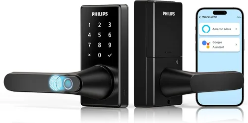 Philips - Cerradura de puerta inteligente Wi-Fi con asa, cerradura de puerta de entrada sin llave, perilla de puerta de huellas dactilares, control