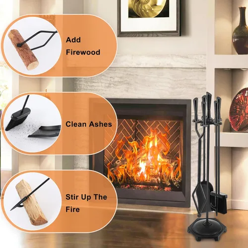 Miniatura 6 de Gtongoko Juego de herramientas para chimenea de hierro forjado, 5 piezas, para interiores y exteriores, con póquer de fuego, pala, cepillo rústico