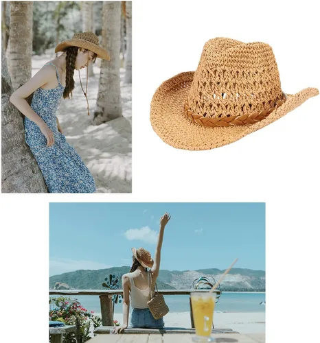 Miniatura 3 de Sombrero de vaquero de paja sombrero de sol vaquera de verano Panamá con correa para la barbilla hombres mujeres sombrero viaje al aire libre