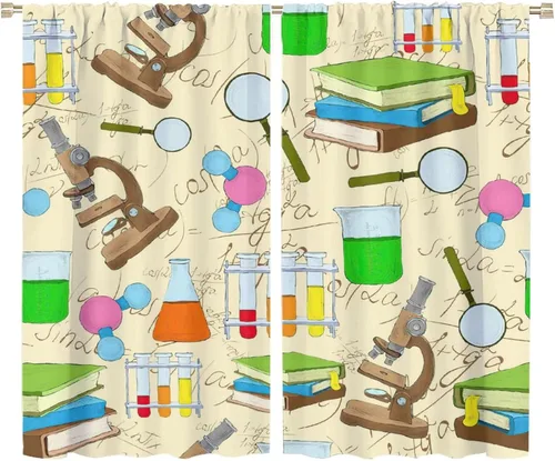 Miniatura 88 de Cortinas opacas para ventanas de ciencia para niños, lupa de libro de laboratorio de ciencia, lupa, frascos moleculares, cortinas impresas