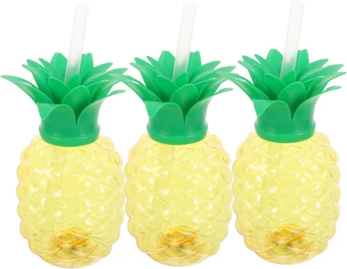 BESTonZON 3 tazas de piña, 16.9 fl oz con luz LED con popote y tapa, forma de fruta hawaiana, taza tropical para beber agua para playa, fiesta de
