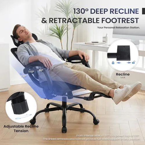 Miniatura 9 de MALOL Silla de oficina ergonómica de malla con reposapiés, silla ejecutiva de escritorio de computadora con respaldo alto con reposacabezas