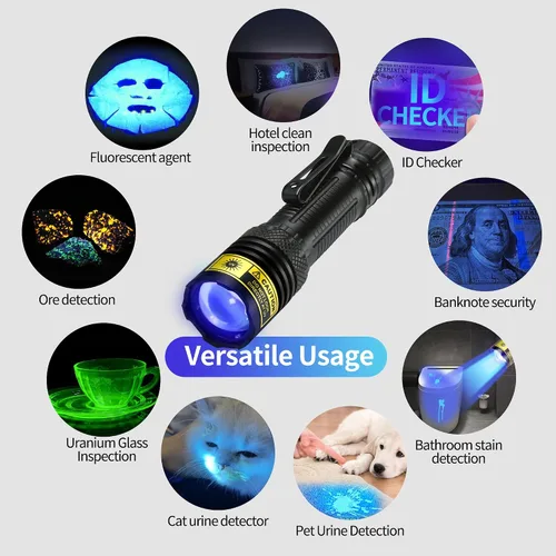 Miniatura 6 de DARKDAWN Linterna UV de 365 nm, luz negra, mini y potente USB- C linternas LED recargable, lámpara de madera, linterna portátil de enfoque ajustable