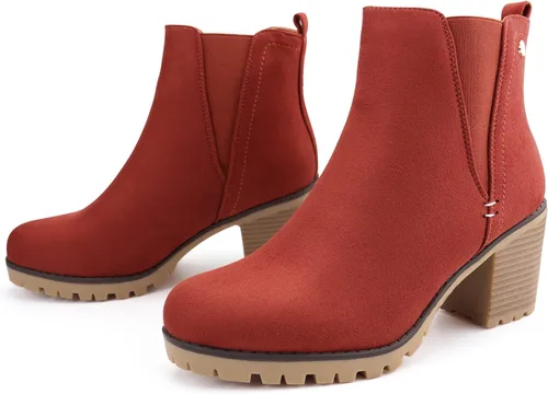 Miniatura 4 de JABASIC - Botines casuales de ante para mujer con tacón de bloque, botas de meter tipo Chelsea