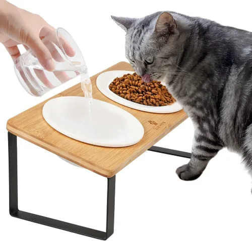 Sunhoo Cuencos elevados de cerámica para gatos, platos elevados para cachorros para alimentos y agua, soporte de madera inclinado para gatos de