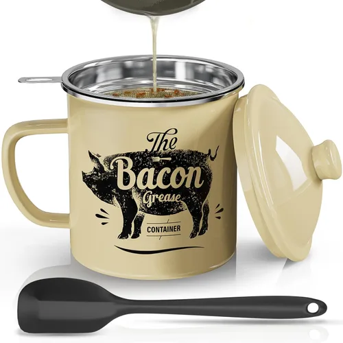Miniatura 10 de PGYARD Mini Recipiente para Grasa de Tocino con Colador - Ahorrador de Grasa Esmaltado de 15 OZ, Guardador de Grasa de Tocino Estilo Granja