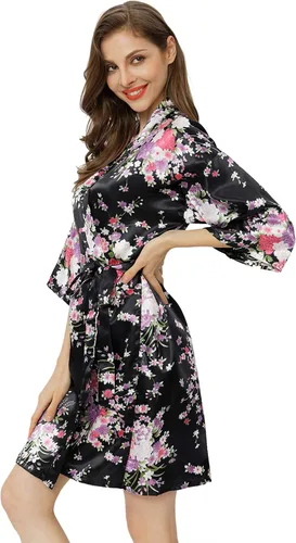 Miniatura 2 de DITSONEO Bata floral para mujer, bata de satén de seda para dama de honor, para boda, vestido de vestir, kimono, ropa de dormir