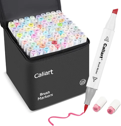 Caliart - Marcadores de alcohol pastel con punta de pincel, juego de 100 colores con doble punta de pincel y cincel, kit de suministros de arte para