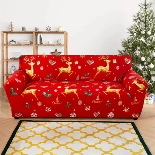 Miniatura 10 de Anibedding - Funda estampada de Navidad roja para sofá de 2 cojines, funda elástica con renos y copos de nieve para sofá, funda de sofá lavable a