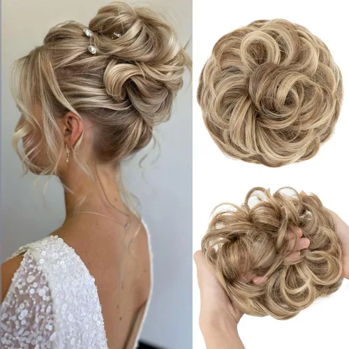 Miniatura 29 de CJL HAIR Extensiones de cabello sintético de moño desordenado, ondulado, rizado, grueso, para coleta, para mujer (rubio blanco)