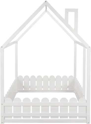 Miniatura 7 de MERITLINE Cama de casa para niños, cama de piso completa de madera con techo y valla, cama de casa completa Montessori para niños, adolescentes
