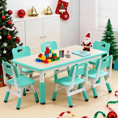 Miniatura 11 de Moderno juego de mesa y 6 sillas para niños, mesa ajustable en altura de 47.20" para niños pequeños y conjunto de 6 sillas con patas de escritorio