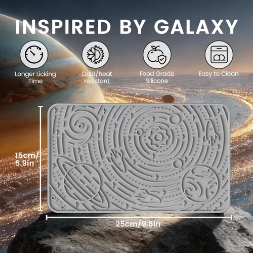 Miniatura 2 de OHMO Alfombrilla para lamer perros y gatos, (Ash+Beige, 2 piezas, 9.8 x 5.9 pulgadas), diseño de galaxia, alimentador lento con ventosas, mantenlos