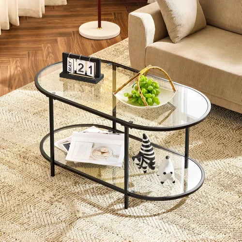 Miniatura 24 de VINGLI Mesa de Centro de Cristal, Mesa de Centro Redonda de 25.6" Dorado Champán para Sala de Estar, Mesa de Centro de Cristal de 2 Niveles con Oro