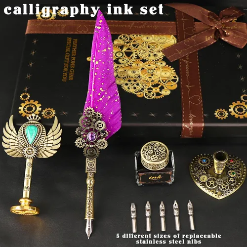 Miniatura 7 de Aifeiter Juego de tinta de pluma de plumas - Juego de caligrafía, sello de cera, tinta morada, hermoso regalo, regalos de Navidad Púrpura