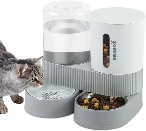 ZOMISIA - Comedero y dispensador de agua para gatos con gravedad - Alimentador y dispensador de agua para gatos 2 en 1 con cuenco de acero