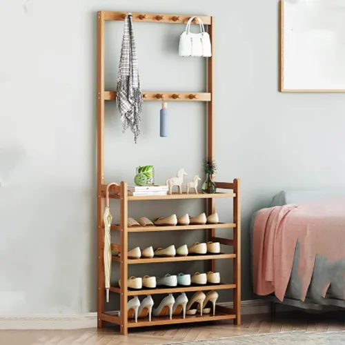 Miniatura 8 de Bamboo Clothes Rack, Clothing Rack with Bottom Shelves and Hook, Freestanding Garment Racks, Open Coat Racks for Hallway Brown