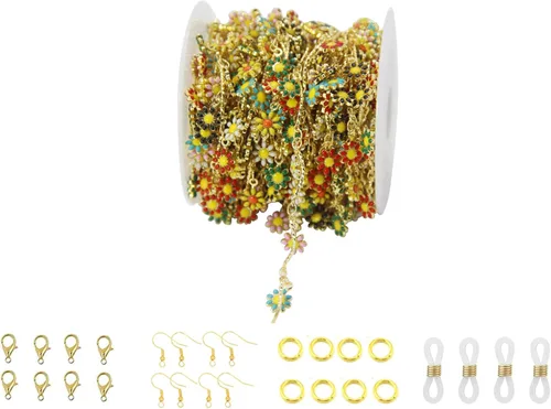 Miniatura 15 de Cadena de eslabones de girasol esmaltada hecha a mano con fornituras de latón chapado en oro para hacer joyas, máscara de vidrio, zapatos, Cc02