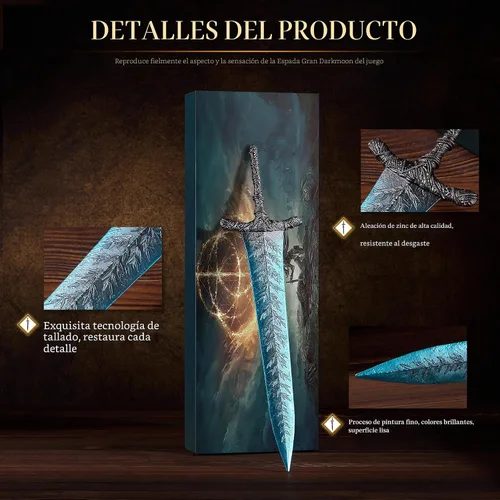 Miniatura 5 de RACEROCKET Elden Ring Espada de la Luna Oscura Gran espada de caballero recto Modelo de espada de metal de artes marciales de 11.8 pulgadas
