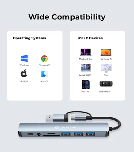 Miniatura 3 de LUKCOZMO Hub USB Hub USB C Divisor USB 7 en 1 Extensor USB con 4 puertos USB, 1 puerto USBC, lector de tarjetas TF/SD, salida de audio compatible