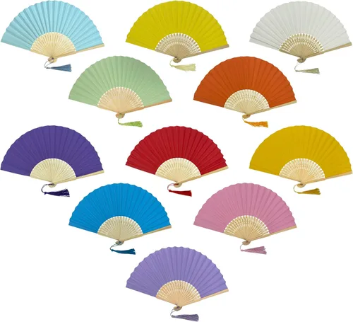 Miniatura 11 de Paquete de 10 abanicos plegables de mano de papel con borla y varillas de bambú de grado A para mujeres y niñas, regalo de fiesta de verano, Azul