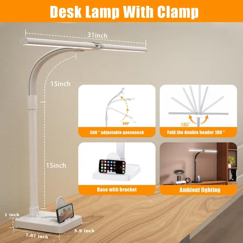 Miniatura 3 de AKRRYR Lámpara de escritorio LED para el hogar y la oficina, lámpara de 24 W brillante y para el cuidado de los ojos con base, luz de trabajo