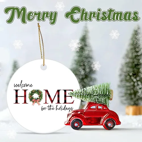 Miniatura 6 de Adorno de Navidad de cerámica de 3 pulgadas, recuerdo de bienvenida a casa para las vacaciones, divertido colgante de porcelana impresa de dos caras